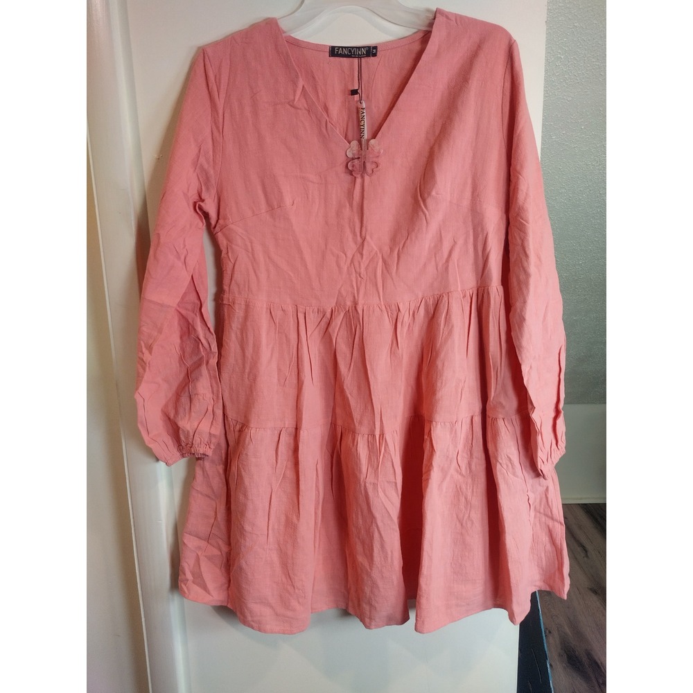 Fancyinn Pink Tiered Babydoll Mini Dress V-Neck Long Sleeve Coral Medium NWT